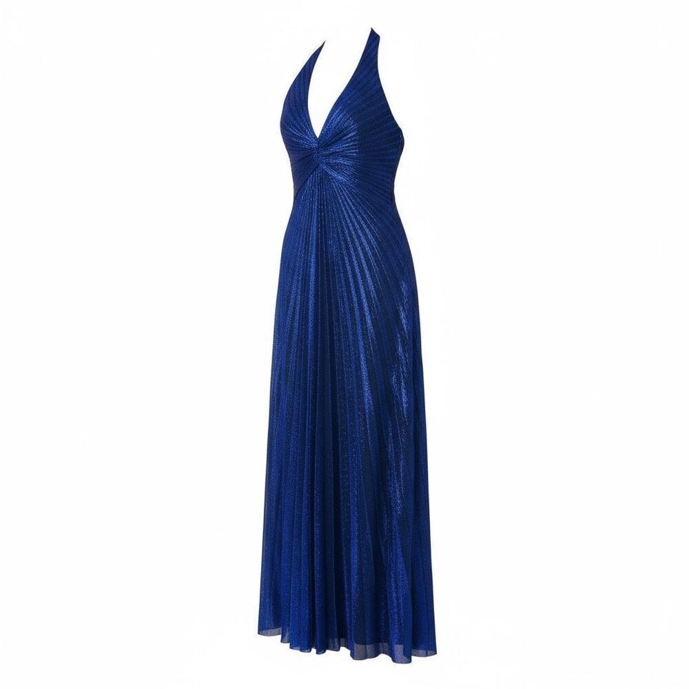 Vintage Poly Midnight Blue Halter 70's Style Evening Maxi Dress Women's Small